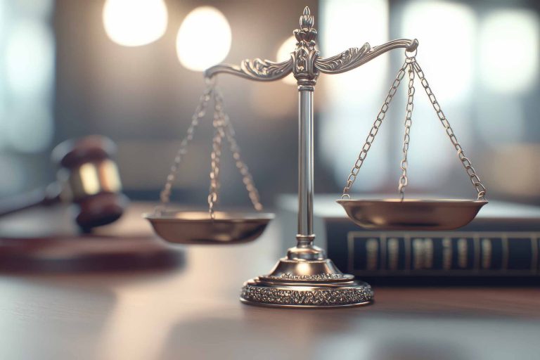 A gavel is placed beside law books while golden scales of justice sit elegantly on a table, illuminated by a soft, blurred background. This setting conveys a professional legal environment.