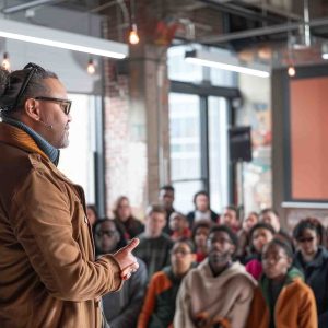 A community leader discusses crime prevention with young individuals in a modern space.