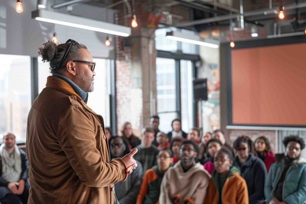 A community leader discusses crime prevention with young individuals in a modern space.